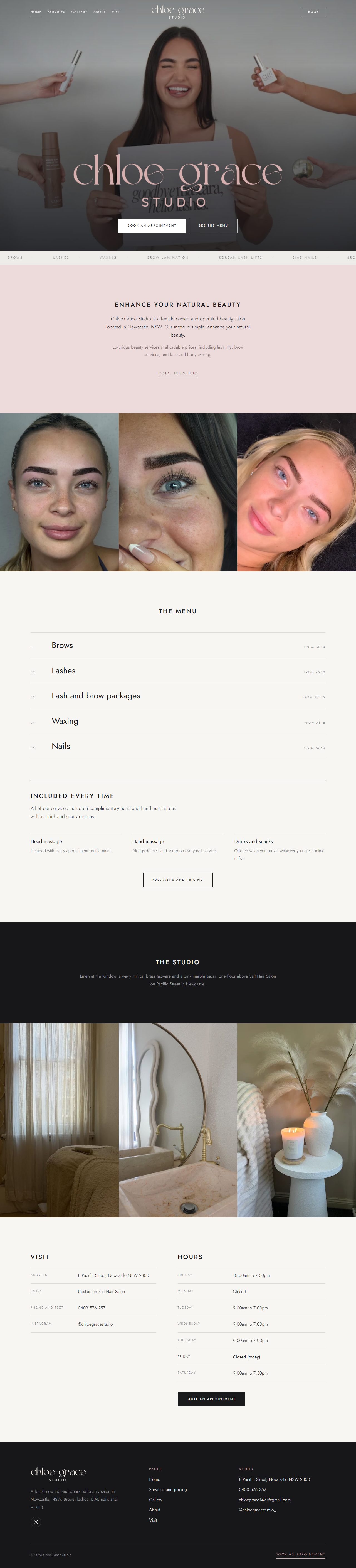Chloe-Grace Studio homepage, full page