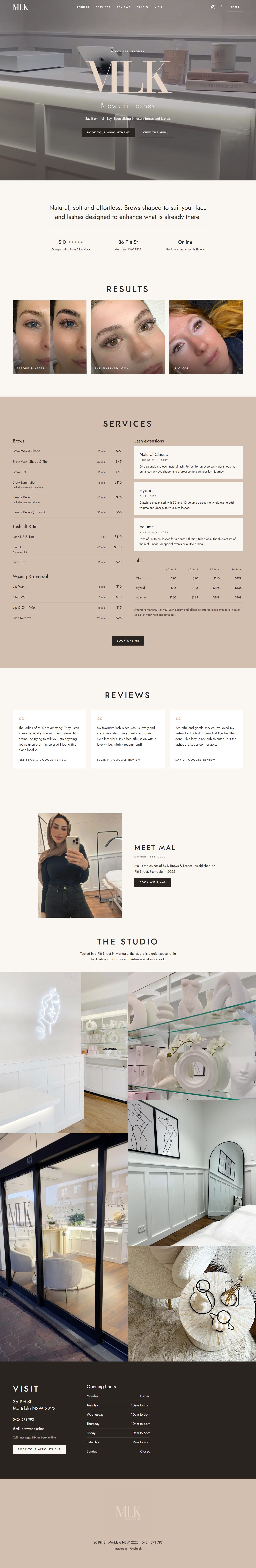 MLK Brows & Lashes homepage, full page